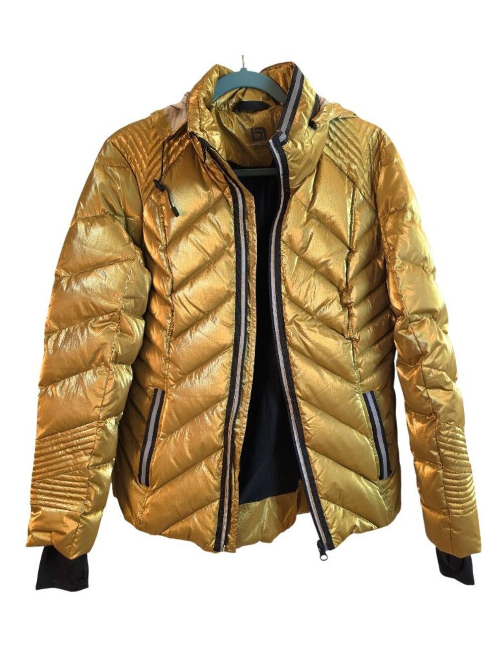 Blanc Noir Down Puffer Jacket Metallic Moto Thumbhole Women L MSRP $250